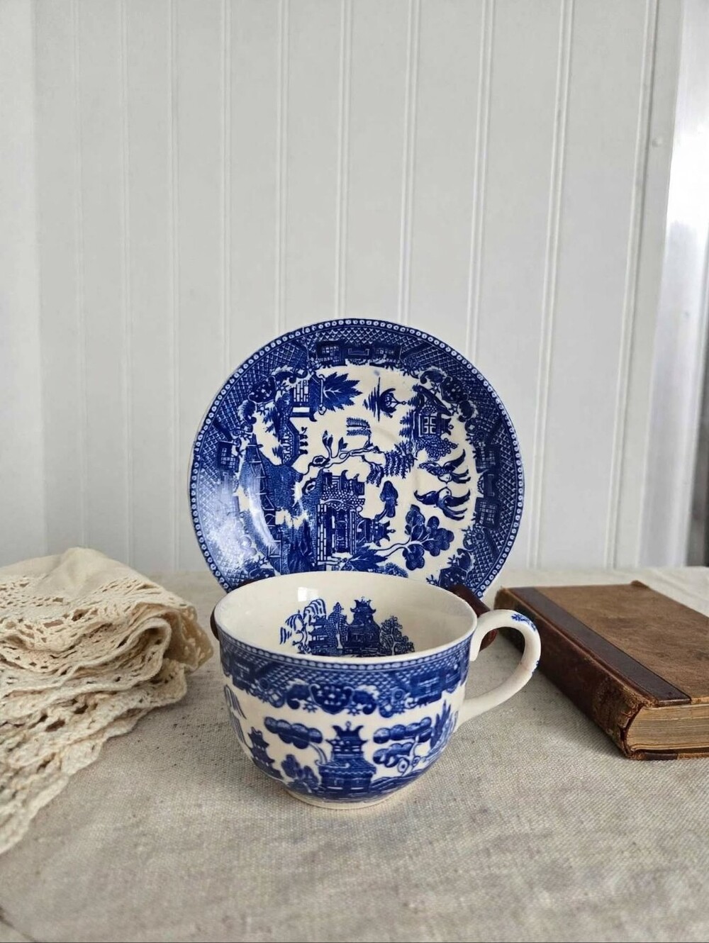 Vintage Blue Willow Teacup & Saucer Set - Stamped Japan